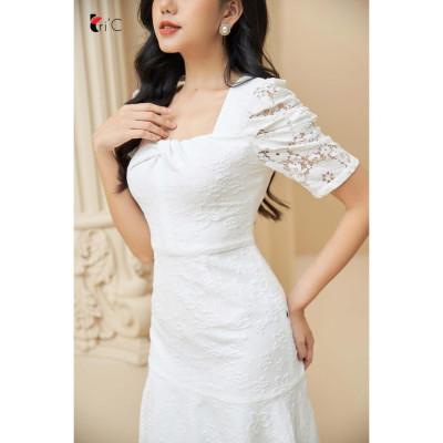 Đầm chữ A đuôi cá gấm dệt vân nổi vặn xoắn cầu ngực Tri