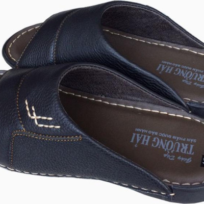 Dép nam quai ngang Trường Hải da bò thật mềm mại may thủ công chắc chắn tỉ mỉ đế cao su không trơn QNN074 