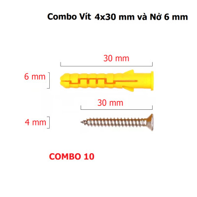 Set 10 Vít + Nở 6 Nhựa Giá Rẻ, Vít Sắt Kèm Nở Vàng 6, Nở Nhựa Đóng Tường, Phù Hợp Lỗ Khoan 6. Takyhome 5080_VIt_No_Re