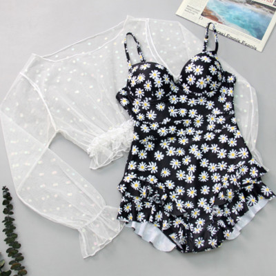 Bộ đồ bơi bikini nữ 1 mảnh đi tắm biển hoa cúc kèm áo croptop ren trắng chấm bi tiểu thư hot trend 2021- B02