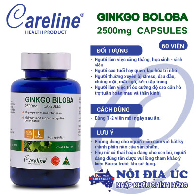 Ginkgo Biloba 2500mg Careline hộp 60 viên tăng tuần hoàn não giảm đau đầu chóng mặt tiền đình