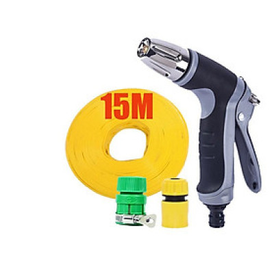 Bộ dây vòi xịt nước rửa xe, tưới cây tăng áp 3 lần cút nhựa nối nhựa vàng loại 15m 206817
