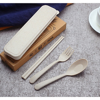 Bộ Đũa Muỗng Nĩa Lúa Mạch Cao Cấp Có Hộp Đựng (giao màu ngẫu nhiên) - Hàng chính hãng