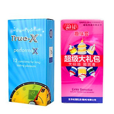 Bao cao su True -x  performax (kéo dài thời gian) hộp 12 cái + bao gai lớn hộp 6 cái ( màu ngẫu nhiên)