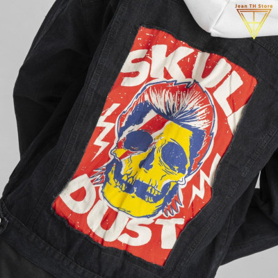 Áo khoác jean nam đen có nón nỉ in Skul Dust, áo khoác bò cá tính, trẻ trung