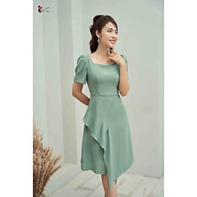 Đầm A cổ vuông, tay bồng, bèo lệch Tri