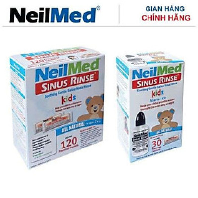 Combo Baby SinusCare: Bộ Rửa, Vệ Sinh Mũi Xoang Trẻ Em NeilMed Sinus Rinse Kids - SX Mỹ(1 Bình + 30 gói muối và 1 Hộp 120 gói muối rửa bổ sung)