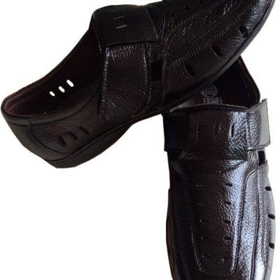 Giày mọi nam mùa hè Trường Hải  da bò thật cao cấp màu đen đế không trơn, may chắc chắn GR07 