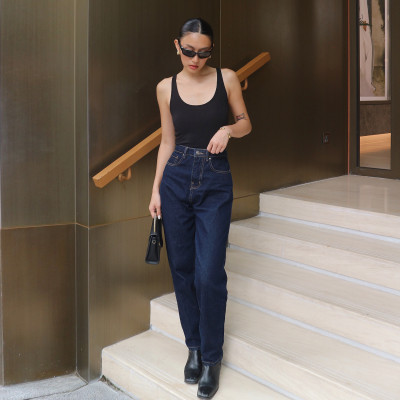 Quần Mom Jeans Lưng Cao Màu Indigo Aaa Jeans