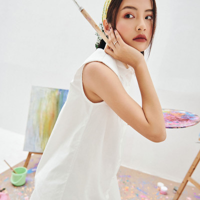 DOTTIE - Đầm sơ mi độn vai nữ DOTTIE trắng - D0058