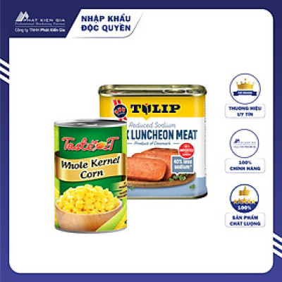 COMBO 1 Hộp Thịt Heo Hộp 40% Giảm Mặn Tulip 340g + 1 Hộp Bắp Hạt Đóng Hộp Taste-T 420g