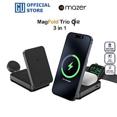 Đế Sạc Không Dây 3 in 1 Mazer MagFold Trio QI2 15W Sạc Được Cho Điện Thoại, Tai Nghe, Đồng Hồ Gấp Gọn Tiện Mang Theo Hàng Chính Hãng