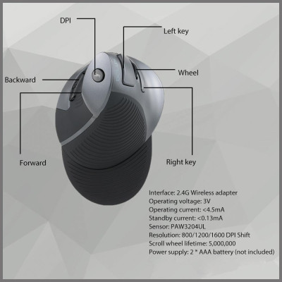 Chuột quang dọc không dây Delux 2.4G Công thái học có thể điều chỉnh 1600 DPI Các nút 5D với lòng bàn tay có thể tháo rời