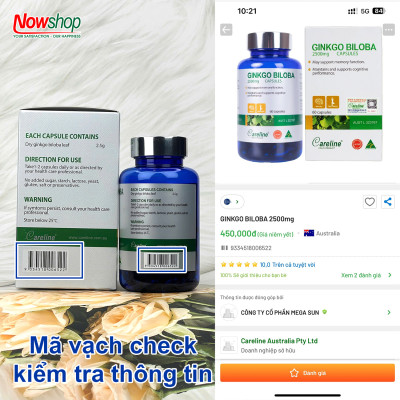 Ginkgo Biloba 2500mg Careline hộp 60 viên tăng tuần hoàn não giảm đau đầu chóng mặt tiền đình