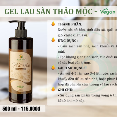 Gel lau sàn thảo mộc 500ml - Hoa Nén - vegan- Đuổi muỗi, an toàn sức khoẻ