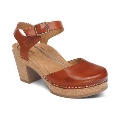 Sandal cao gót sức khỏe nữ Aetrex Finley Cognac - giày cao gót bít mũi đệm da mềm