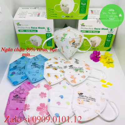 Khẩu trang n95 trẻ em SHB pro mask, Kn95 em bé 4 lớp kháng khuẩn chuẩn FFP2 