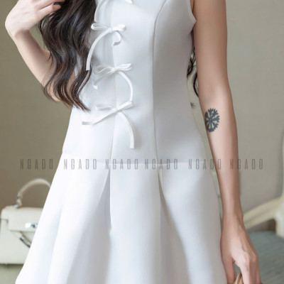 Đầm trắng sát nách đính nơ NGADO , đầm kiểu Nữ , đầm dự tiệc