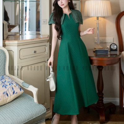 Đầm xanh lá phối tweed NGADO , đầm dự tiệc dáng dài , đầm thiết kế
