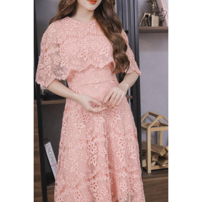 Váy Ren Cao Cấp Bèo Tay Màu Hồng 23V022 Pi Style