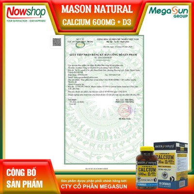 Calcium 600MG + D3 Mason Natural Hộp 100 viên tăng chiều cao xương răng chắc khỏe ngừa loãng xương