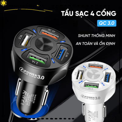 Tẩu Sạc Xe Ô Tô 4 Cổng USB Công Nghệ Sạc Nhanh QC 3.0A | Tẩu Sạc Điện Thoại Dùng Trên Xe Ô Tô 4 Cổng USB Sạc Được Nhiều Thiết Bị Cùng Lúc, Hỗ Trợ Sạc Nhanh QC 3.0A 