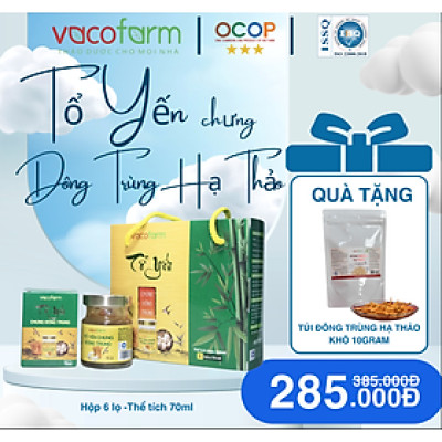 Combo 6 lọ Yến chưng Đông trùng hạ thảo VacoFarm (6 hũ/lốc) , Mua 1 lốc tặng 1 túi khô ĐTHT 10gr, Tăng cường và phục hồi sức khỏe