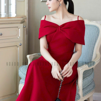 Đầm đỏ bẹt vai NGADO , đầm xòe dáng dài , đầm dự tiệc