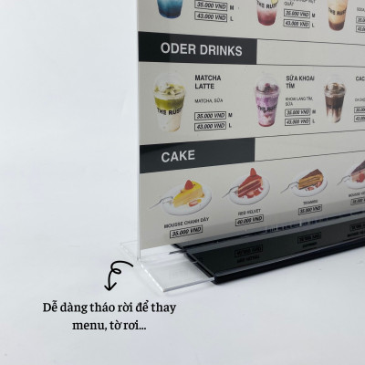Kệ menu nhà hàng, Standee mica để bàn, Bảng quét mã QR Code, Kệ mica 2 mặt Enter E07-U 150x210mm đế lùa uốn bằng A5 đứng