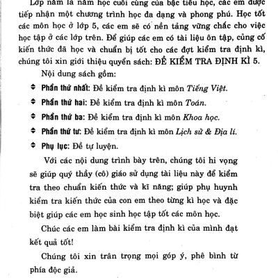 Đề Kiểm Tra Định Kỳ Tiếng Việt - Toán - Khoa Học - Lịch Sử - Địa Lí Lớp 5