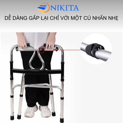 Khung tập đi hỗ trợ đi lại có ghế ngồi khi mỏi chân, thiết kế tay cầm 2 tầng hỗ trợ vịn nắm chắc chắn, chính hãng Nikita
