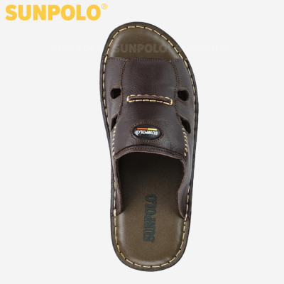 Dép nam quai ngang da bò SUNPOLO AQN005 phiên bản nâu