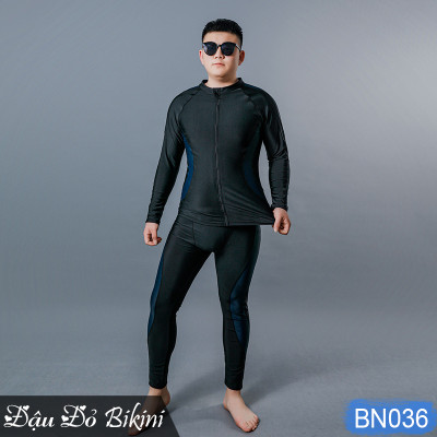 Đồ bơi nam cỡ đại đến 130kg, quần áo tắm big size cho người béo mập, áo dài tay khoá kéo & quần dài chống nắng, chất thun bơi lạnh Hàn co giãn đa chiều | BN036
