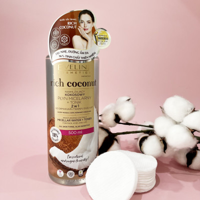 Nước tẩy trang Eveline Rich Coconut dưỡng ẩm tinh dầu dừa 2 tác động 500ML