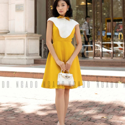 Đầm vàng tay con NGADO , đầm ngắn dự tiệc , đầm dạo phố