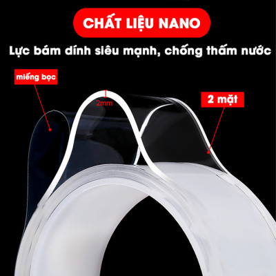Băng keo dán nano 2 mặt siêu dính trong suốt dày 1mm dài 2m rộng 3cm và 5cm