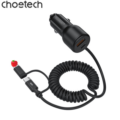 Tẩu sạc nhanh 2 cổng trên ô tô 110W Choetech TC0038 tích hợp cáp lò xo Type C kèm đầu nối IP dài 1.5M (Hàng chính hãng)