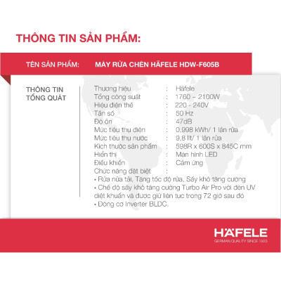 Máy rửa chén HDW-F605B 535.29.660 | Sức chứa 14 bộ đồ ăn Châu Âu ( tương đương 3 -4 bữa ăn Việt ) | Hàng chính hãng