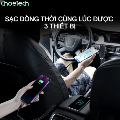 Tẩu Choetech TC0030 sạc nhanh ô tô 65W tích hợp thêm dây cáp sạc lò xo Type C (Hàng chính hãng)